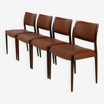 Set of 4 cognac leather Niels Moller Model 80 rosewood dining chairs