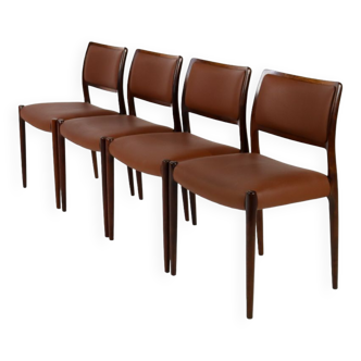 Set of 4 cognac leather Niels Moller Model 80 rosewood dining chairs