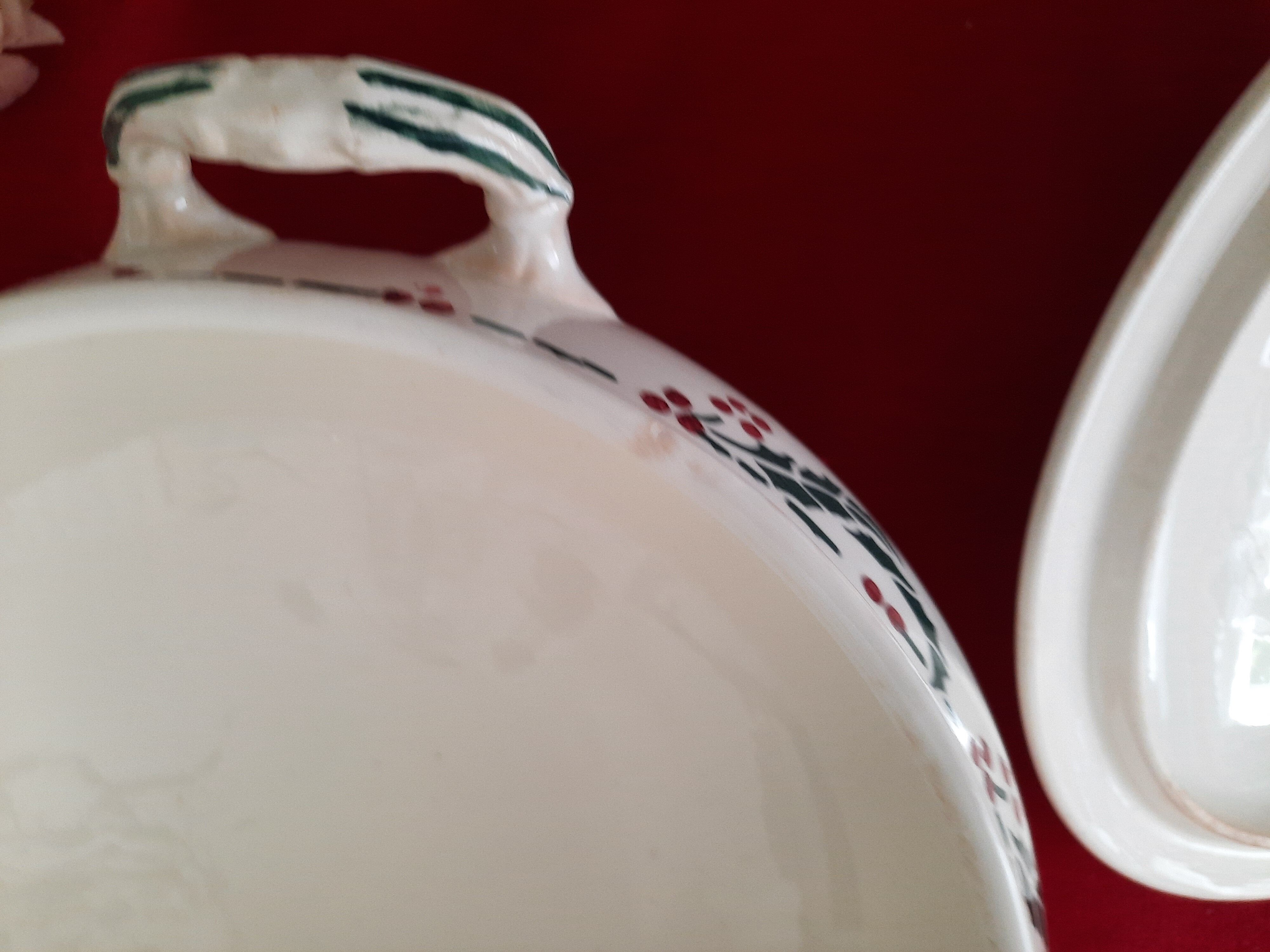 Flat, dessert, hollow plates and tureen in old earthenware