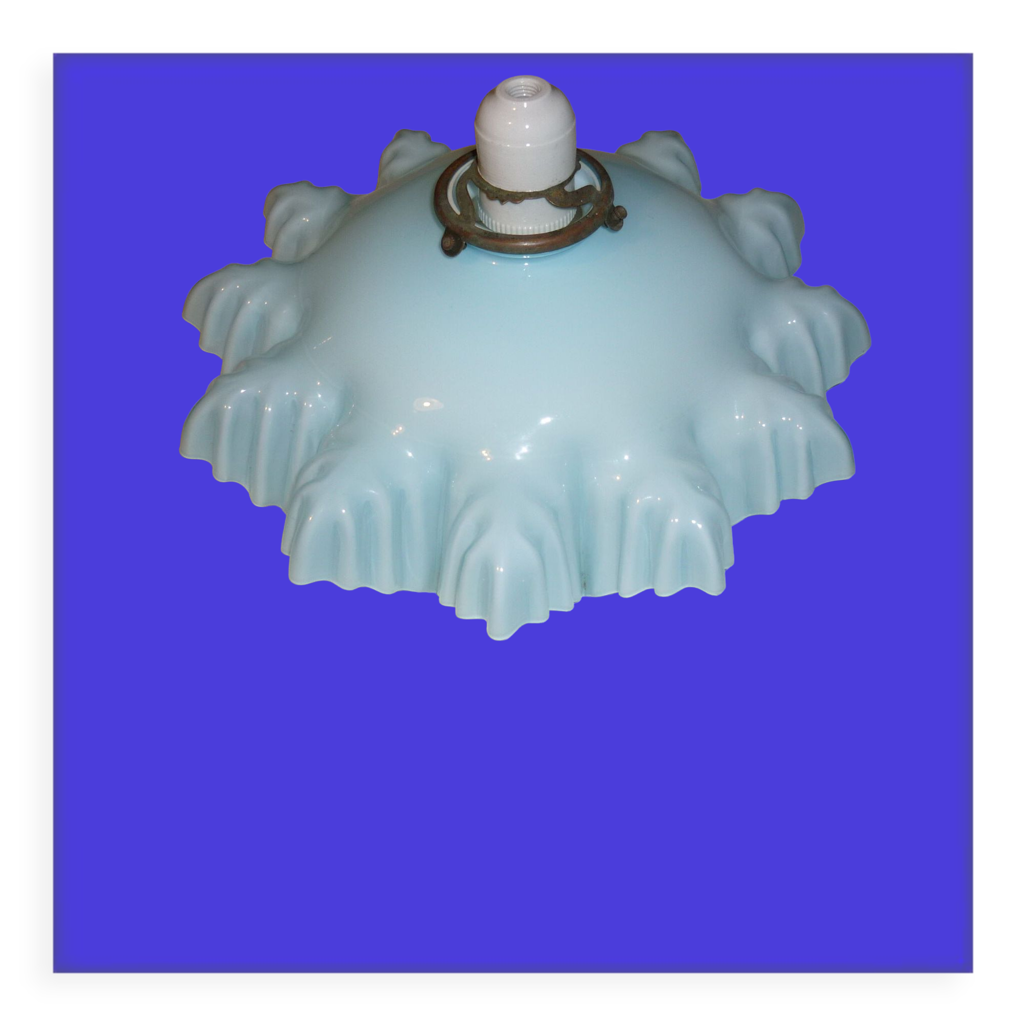 Suspension opaline drapée des années 30 bleue et blanche