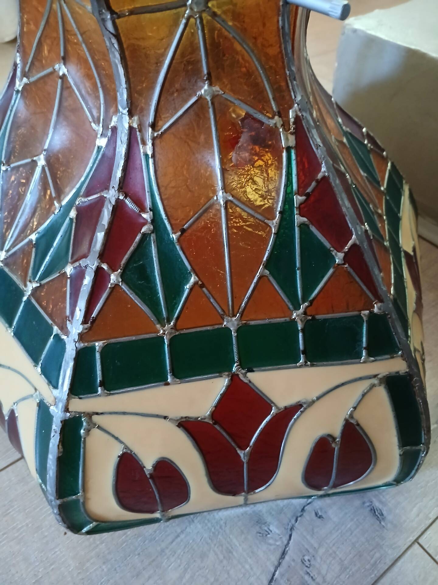 Vintage pendant light with multicoloured stained glass.