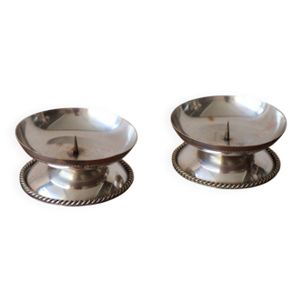 Pair of Low Silver Metal Candlesticks – Twisted Rope Decor