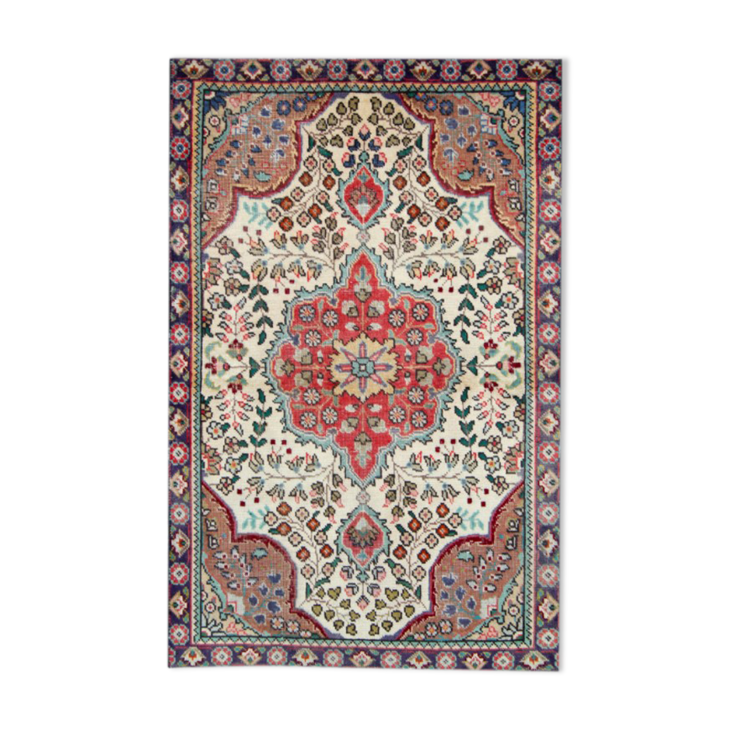 Handwoven oriental cream wool rug, traditional medallion carpet- 90x140cm