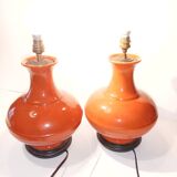 Pair of old ceramic vase lamp bases in orange gourd shape