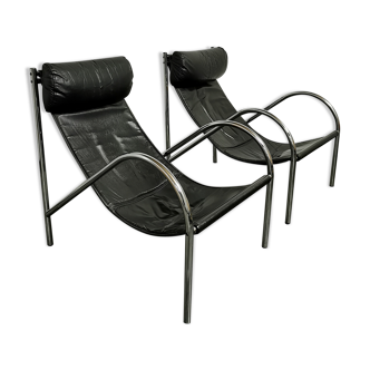 Pair of "Omega" chrome and leather armchairs, Habitat, 1980
