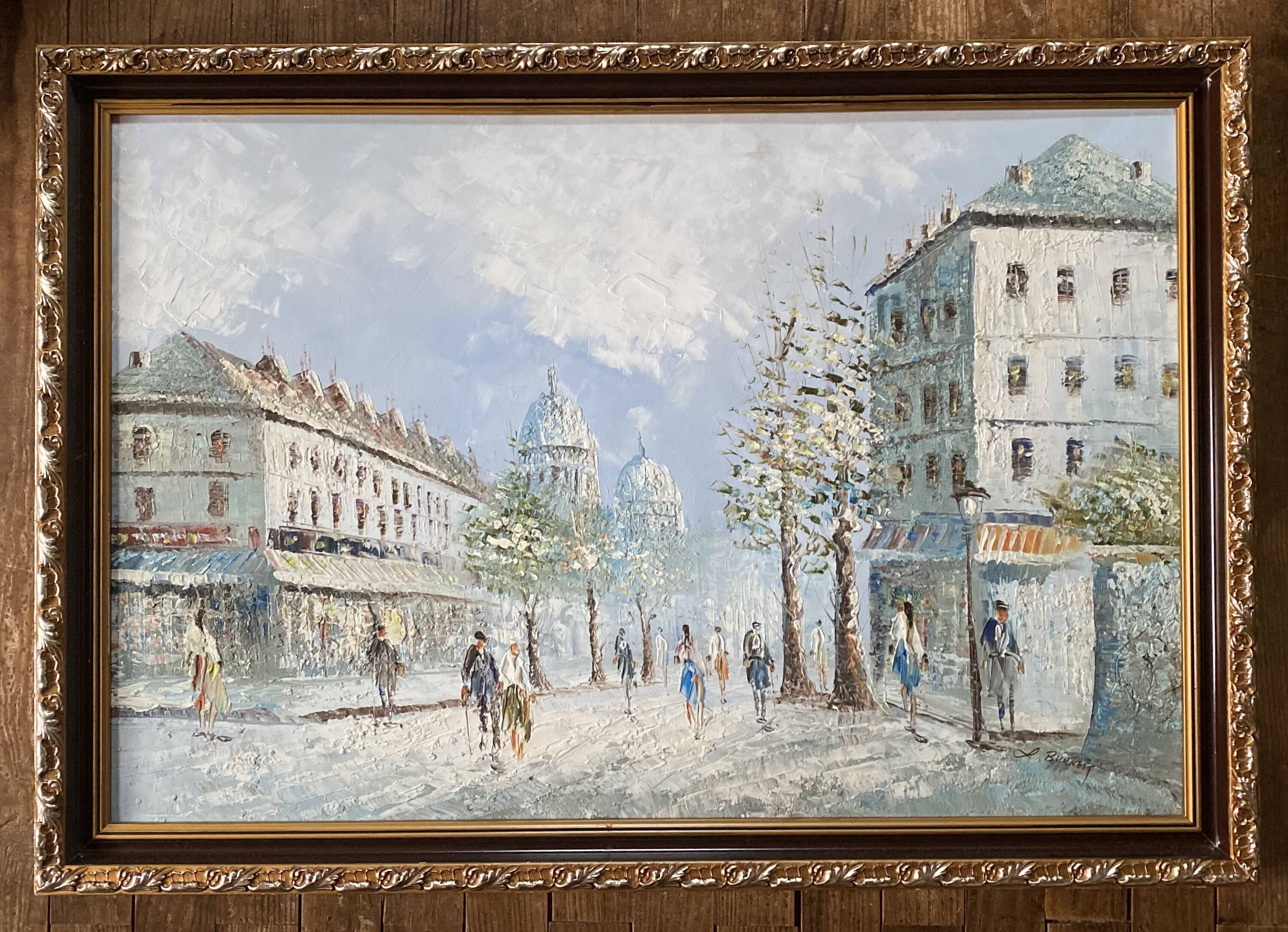Painting by louis burnett, animated scene in montmartre, paris vintage 1950