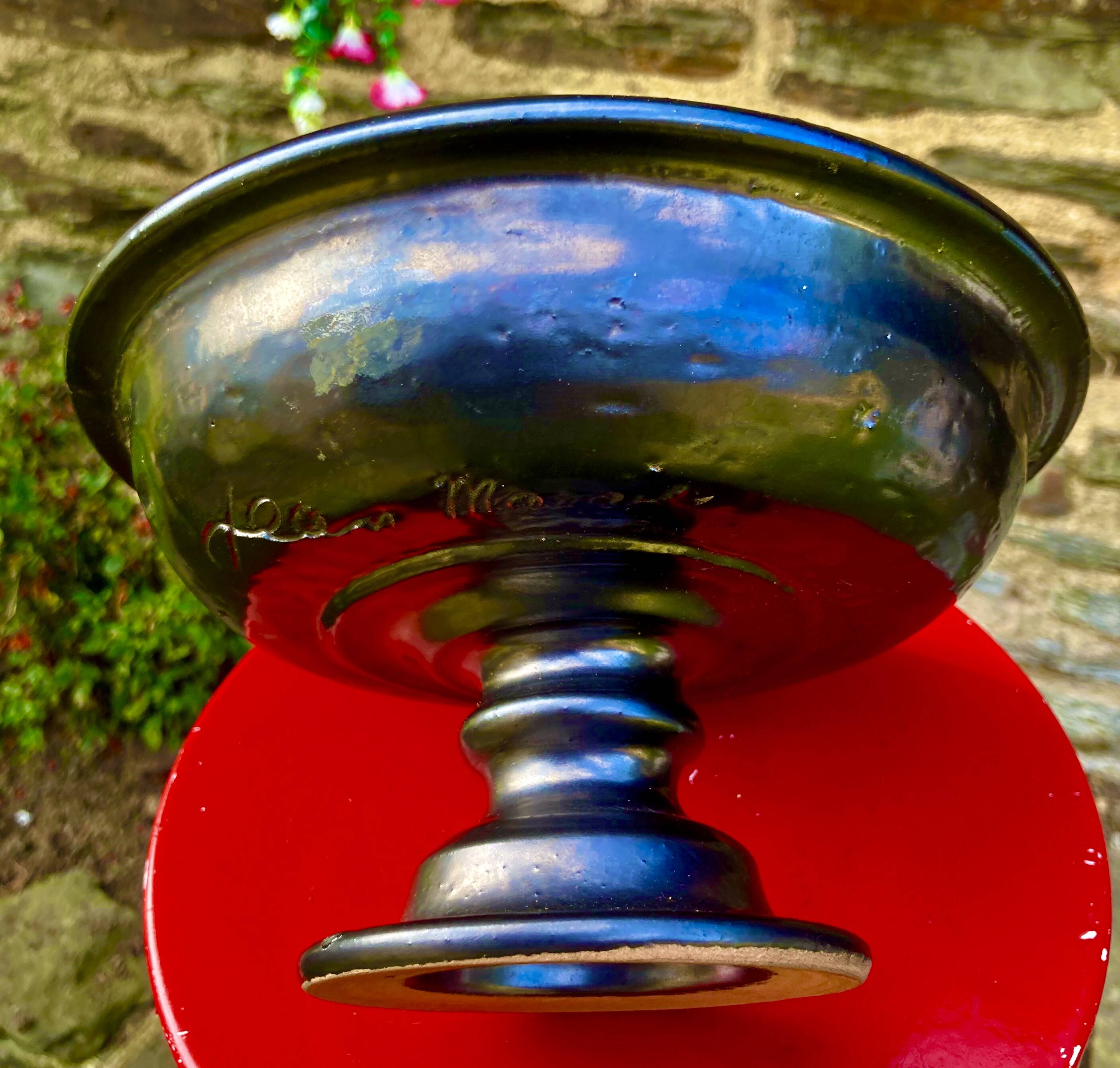 Magnificent ceramic bowl, signed jean marais, black enamel