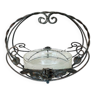 Coupe LORRAIN DAUM, monture fer forgé, verre gravé à l'acide à motif floral