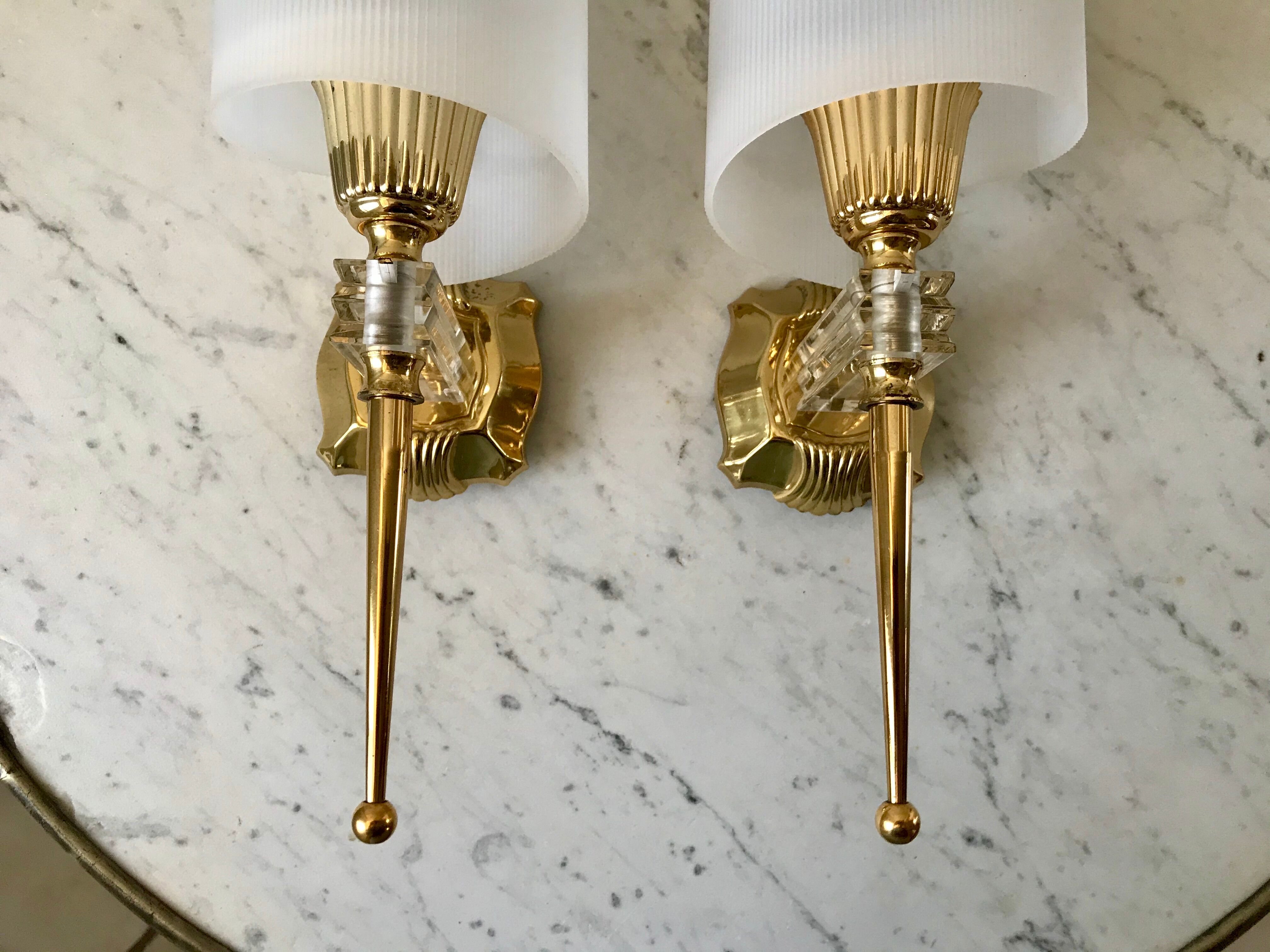 Pair of gold steel wall lamps, plexi and pleated plastic shades 60s-70s