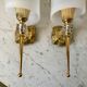 Pair of gold steel wall lamps, plexi and pleated plastic shades 60s-70s