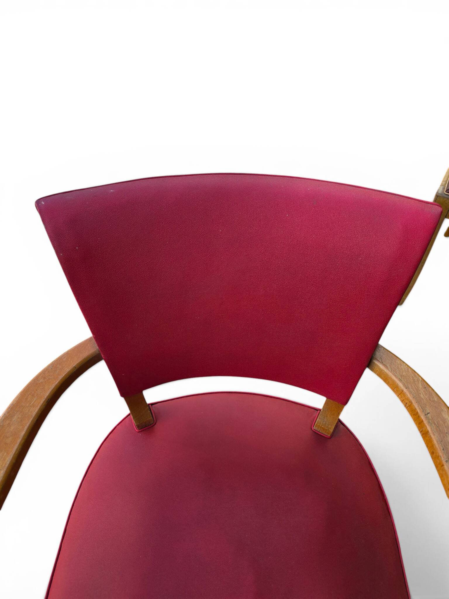 Vintage bridge armchair in wood and red faux leather, 1950s.