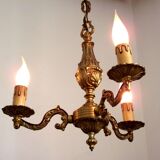 French vintage mid century cast bronze 3 light chandelier wooden drips 4324