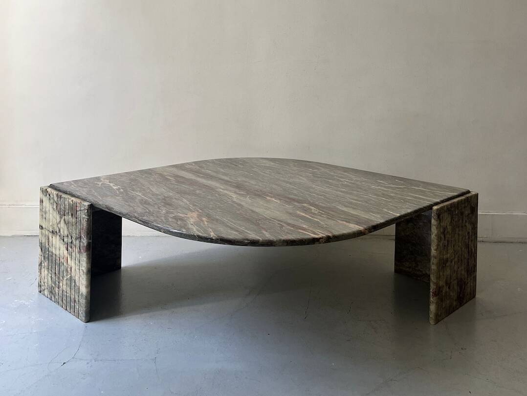 water green, beige and pink/burgundy marble drop coffee table, Roche Bobois 1970