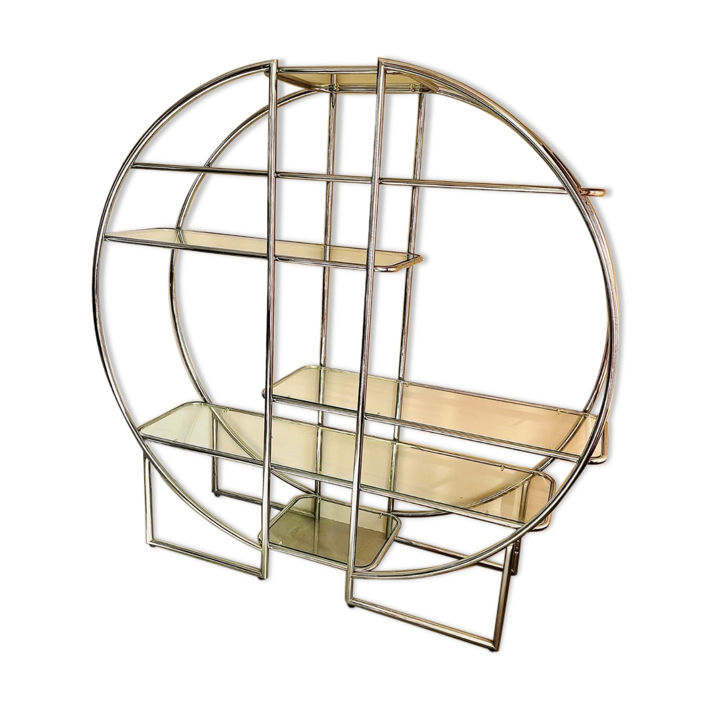 Chromed metal large riund room divider shelving show case etagere milo baughman style