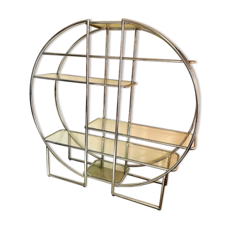 Chromed metal large riund room divider shelving show case etagere milo baughman style
