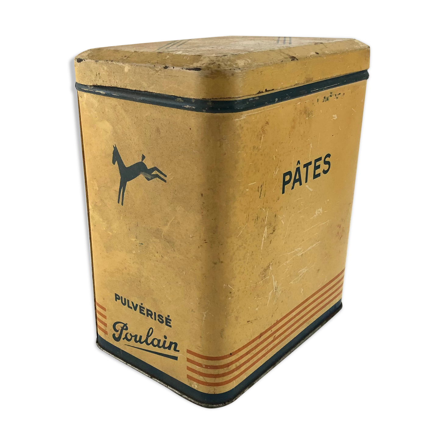 Old advertising metal box Chocolate Foal sprayed