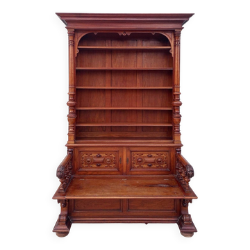 Bibliothèque banc coffre Renaissance en noyer
