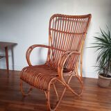 Large vintage rattan and bamboo armchair for Rohe Noordwolde 1950