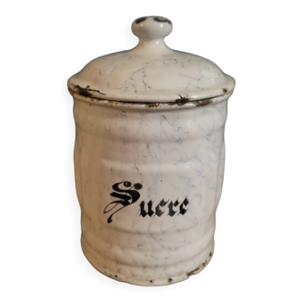 Box sugar jar enamelled metal patinated