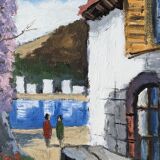 Modern swedish "the lake" tenerife landscape, framed oil painting