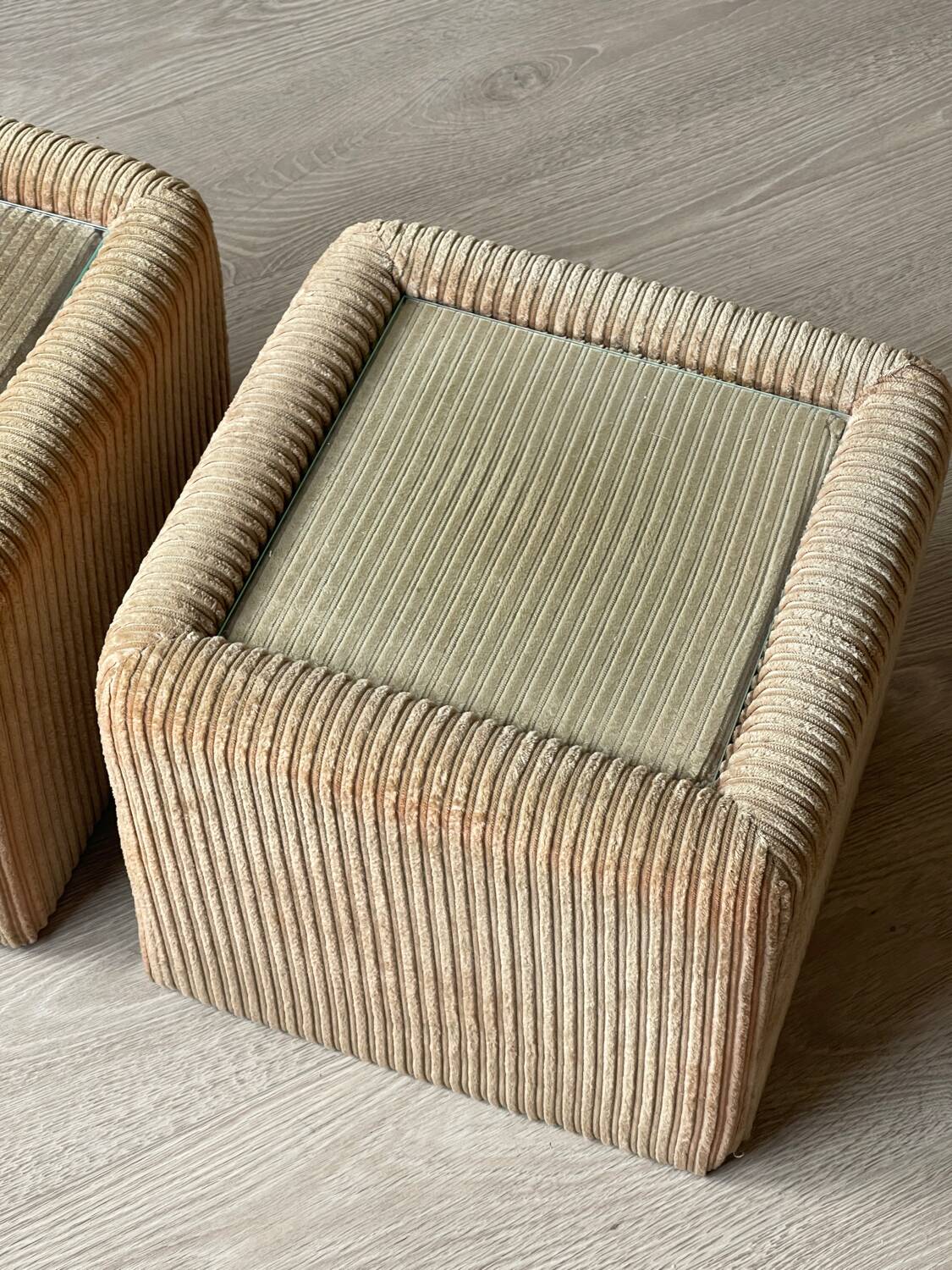 Pair of bedside tables, beige corduroy & glass