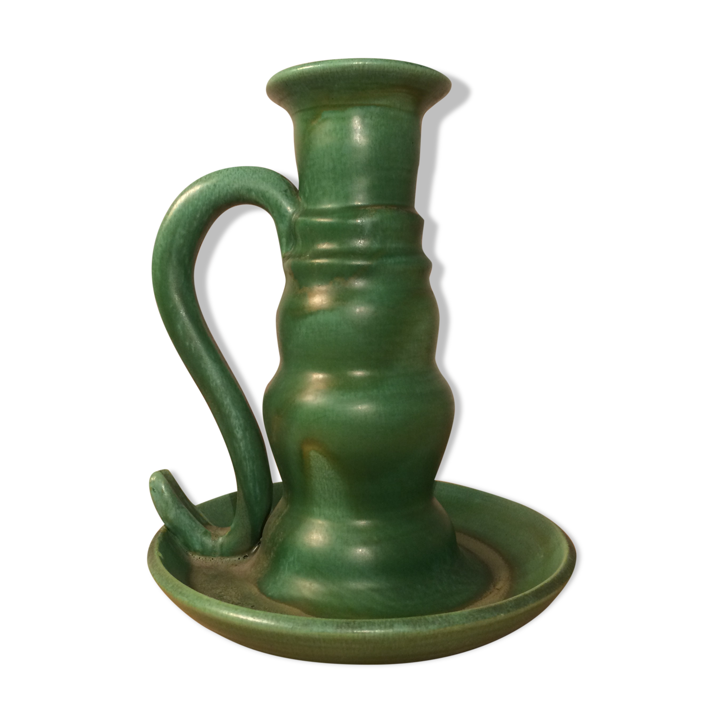 Green ceramic candle holder signed André Gallet, vintage