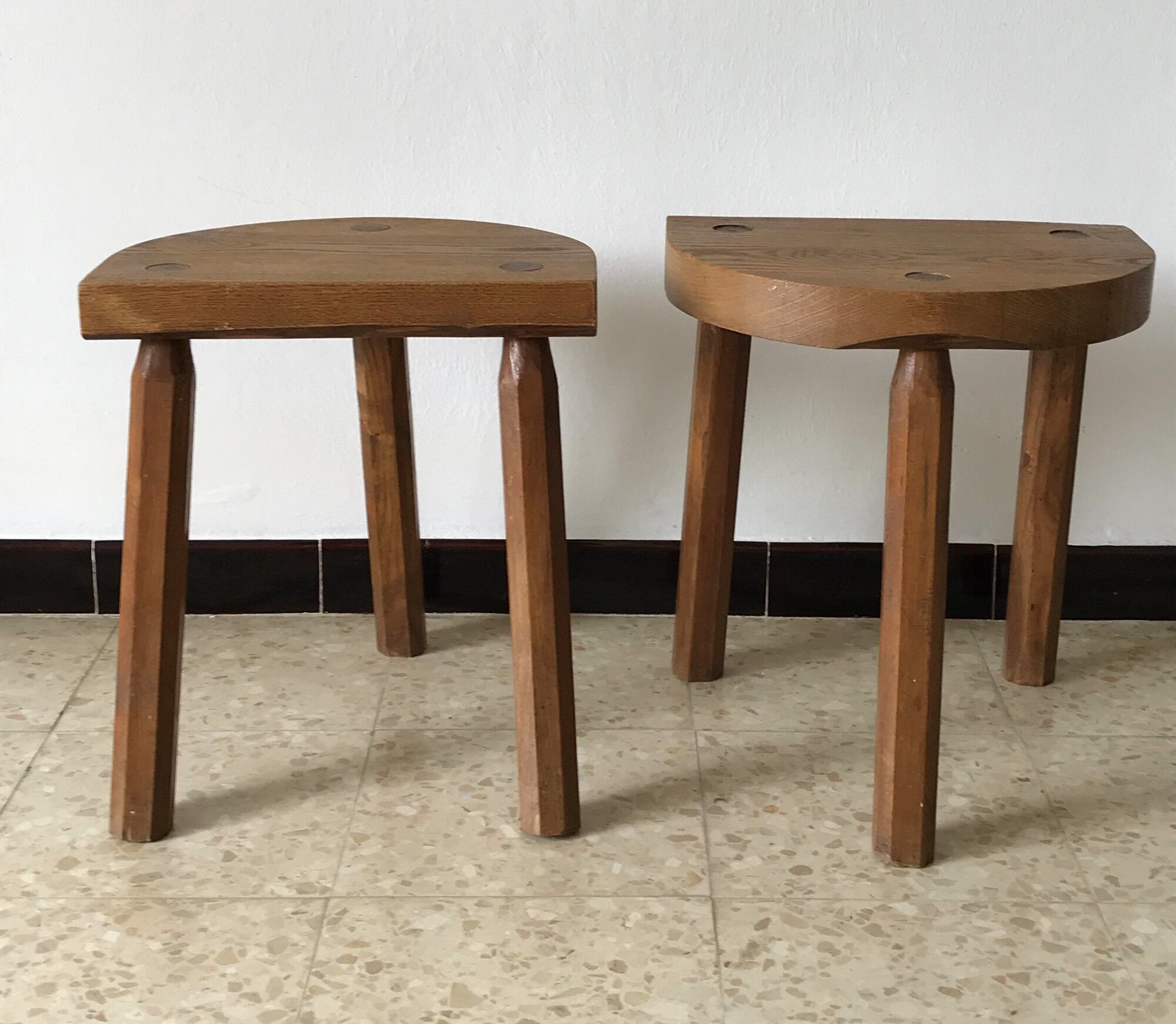 2 tripod oak stools 60s