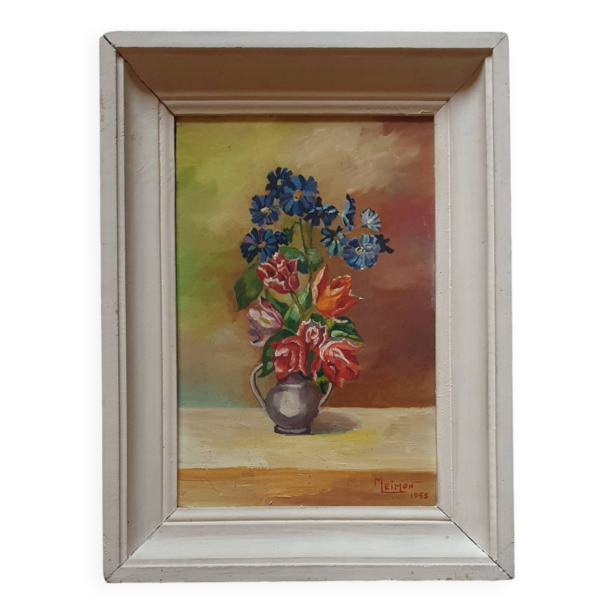 Oil painting on wood of wild flowers signed Meimon.