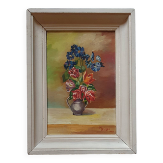 Oil painting on wood of wild flowers signed Meimon.
