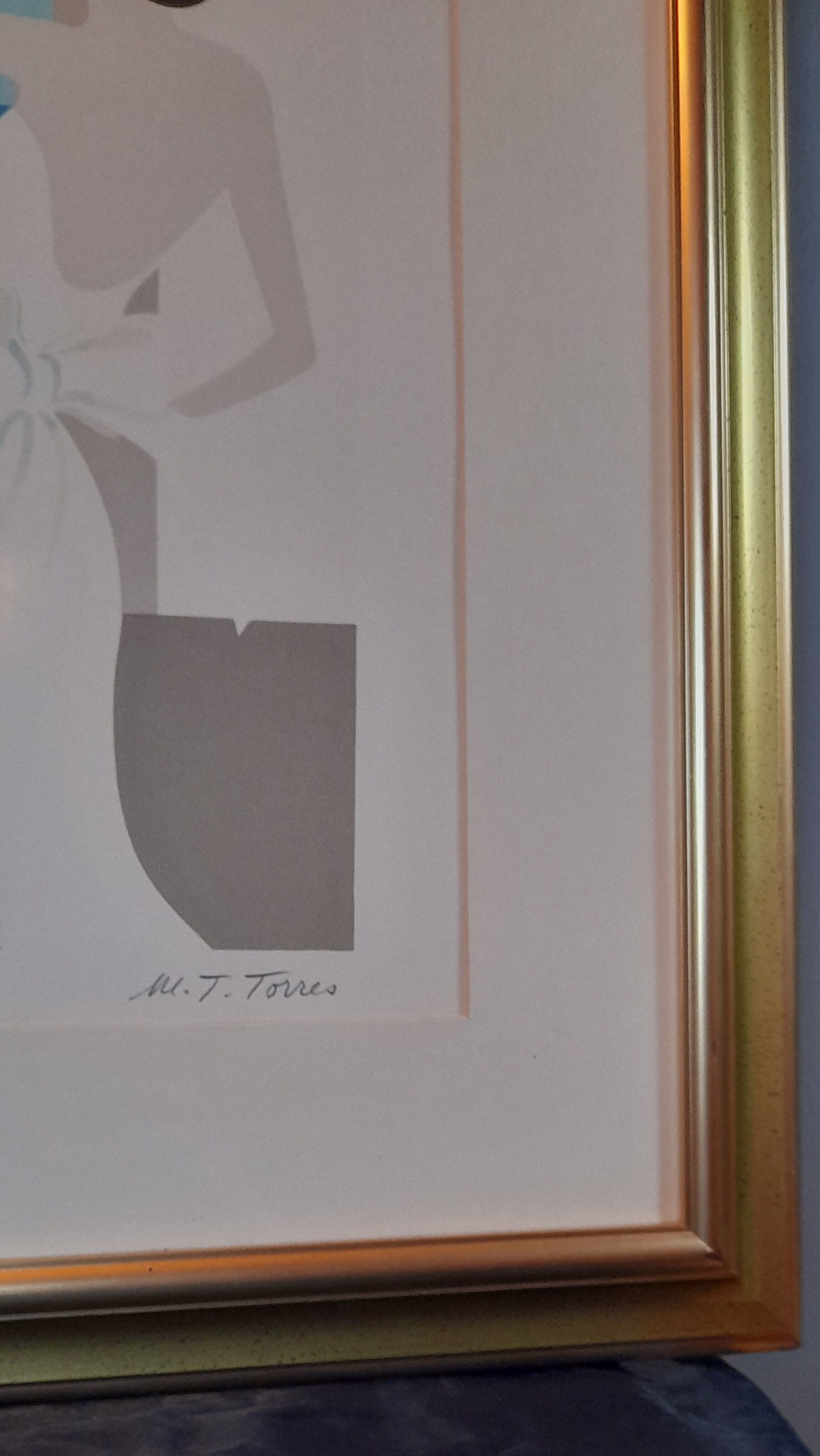 Original framed lithograph "Beautiful woman from the back facing the Mediterranean" by Maria Theresa Torres