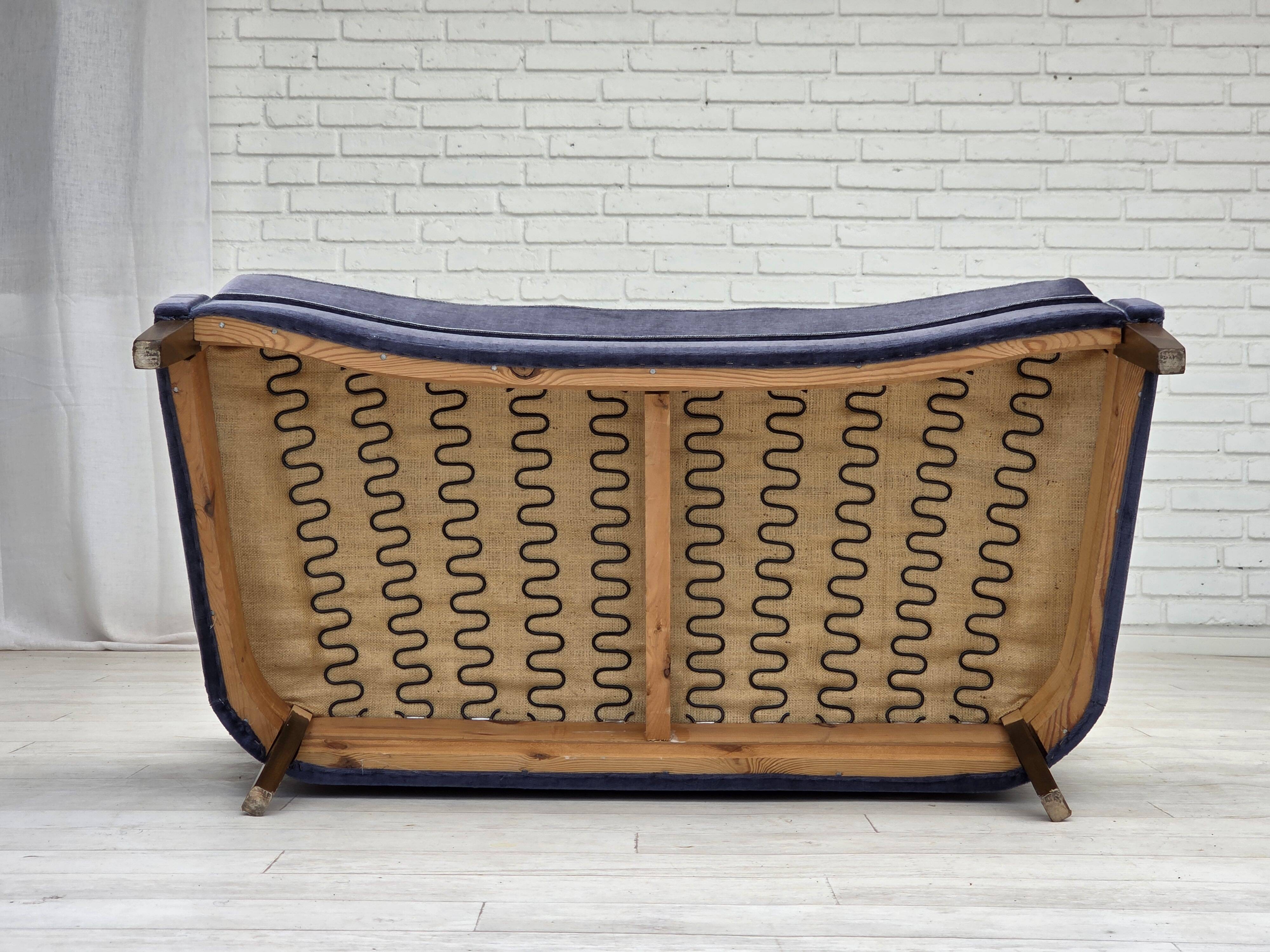1960s, Danish 2-seater sofa, original blue furniture velour, beech wood.