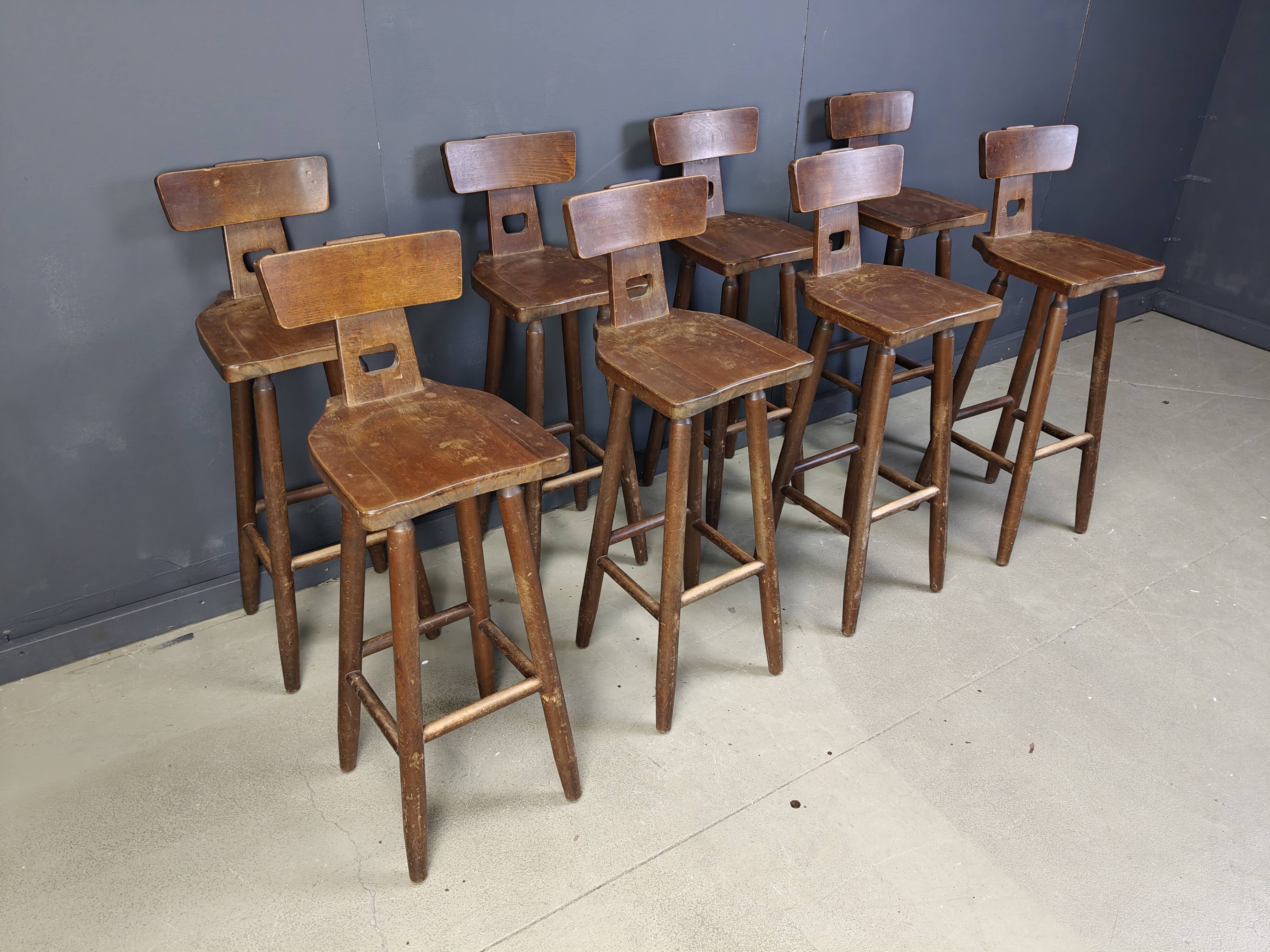 Set of 8 vintage brutalist bar stools, 1960s