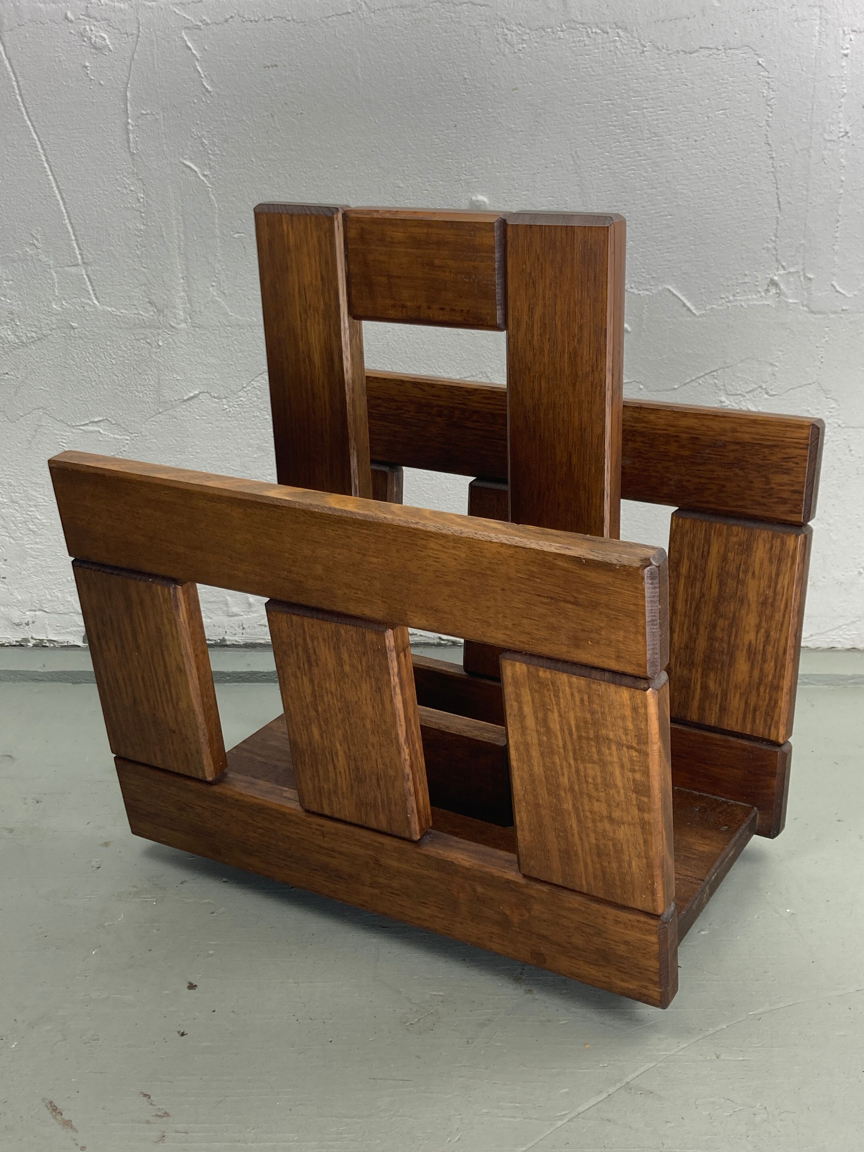 Midcentury brutalist oak magazine rack or holder, Dutch ca 1960s