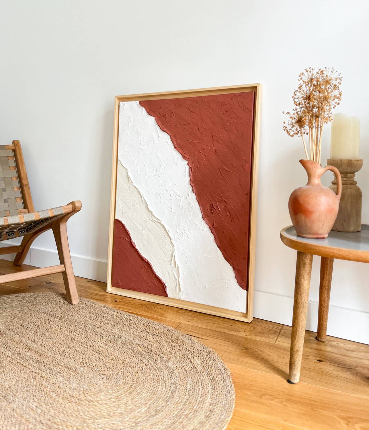 Terra cota relief painting beige and white