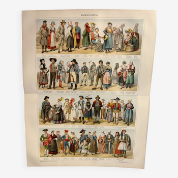 Engraving from 1909 - Traditional European folk costumes. German chromolithograph plate