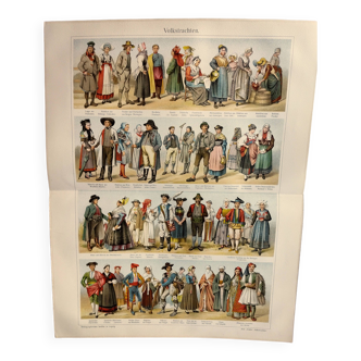 Gravure de 1909 - Costumes traditionnels folklorique européens. Planche allemande chromolithographie