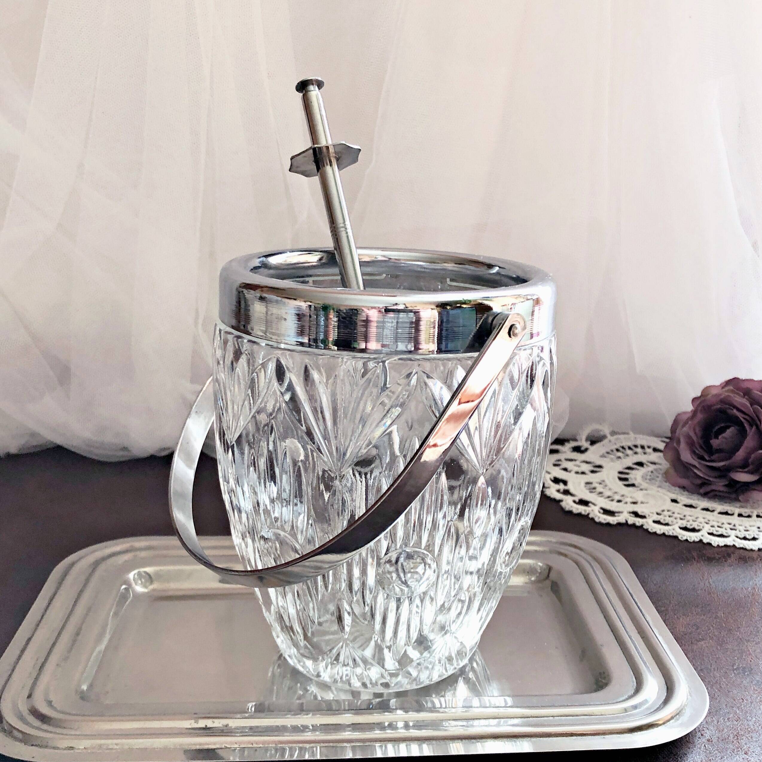 Seau à glace verre cristallin texturé avec pince à glaçons