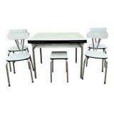 JPP pale green formica table, 4 chairs, 1 stool, 1950s