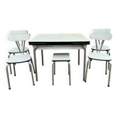 JPP pale green formica table, 4 chairs, 1 stool, 1950s