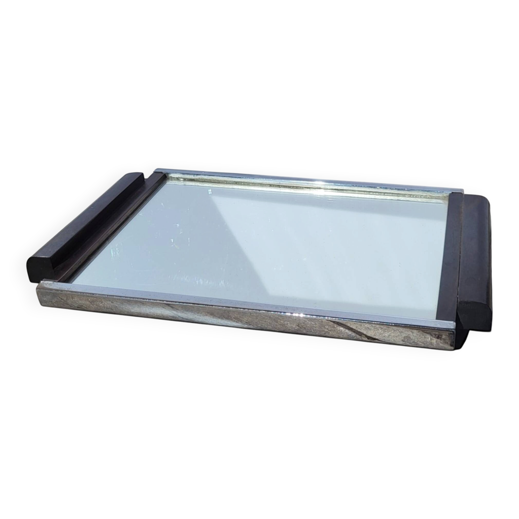 Art Deco mirror plateau in chrome metal and Macassar wood.