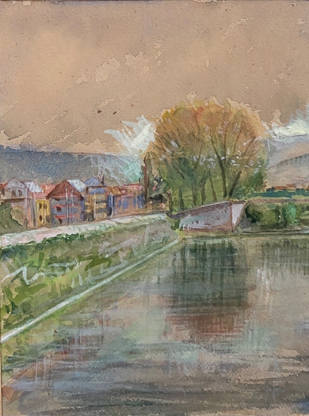 Watercolor on paper by Félix Labbé Brive-la-Gaillarde bord de canal XXe