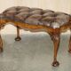 Banc ancien en cuir et noyer burr, style victorien