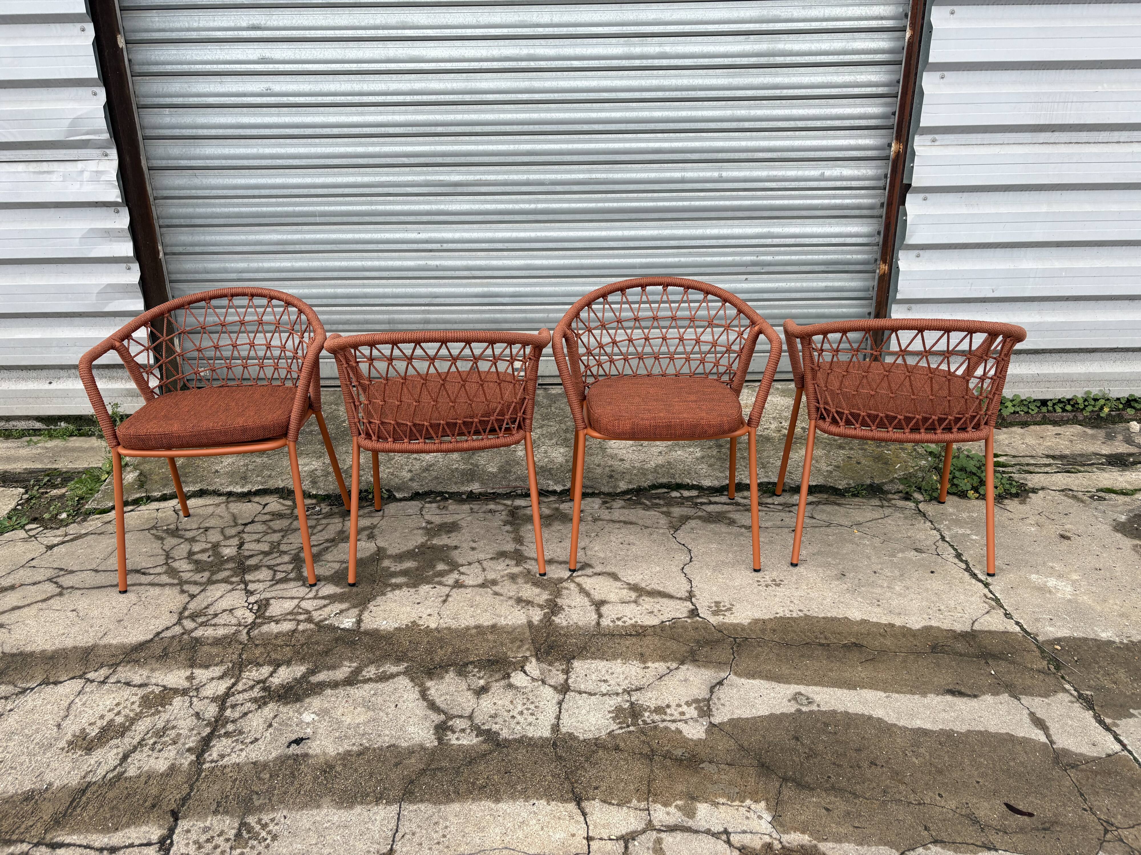 Set of 4 new Pedrali brand outdoor and indoor cordage armchairs with cushions