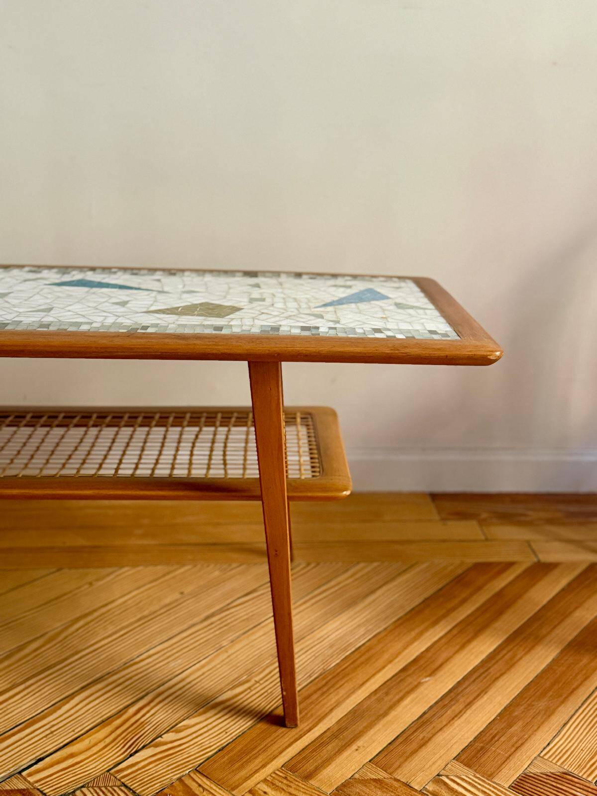 Mosaic coffee table, teak and straw, created by designer Paul Jensen.