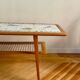 Mosaic coffee table, teak and straw, created by designer Paul Jensen.