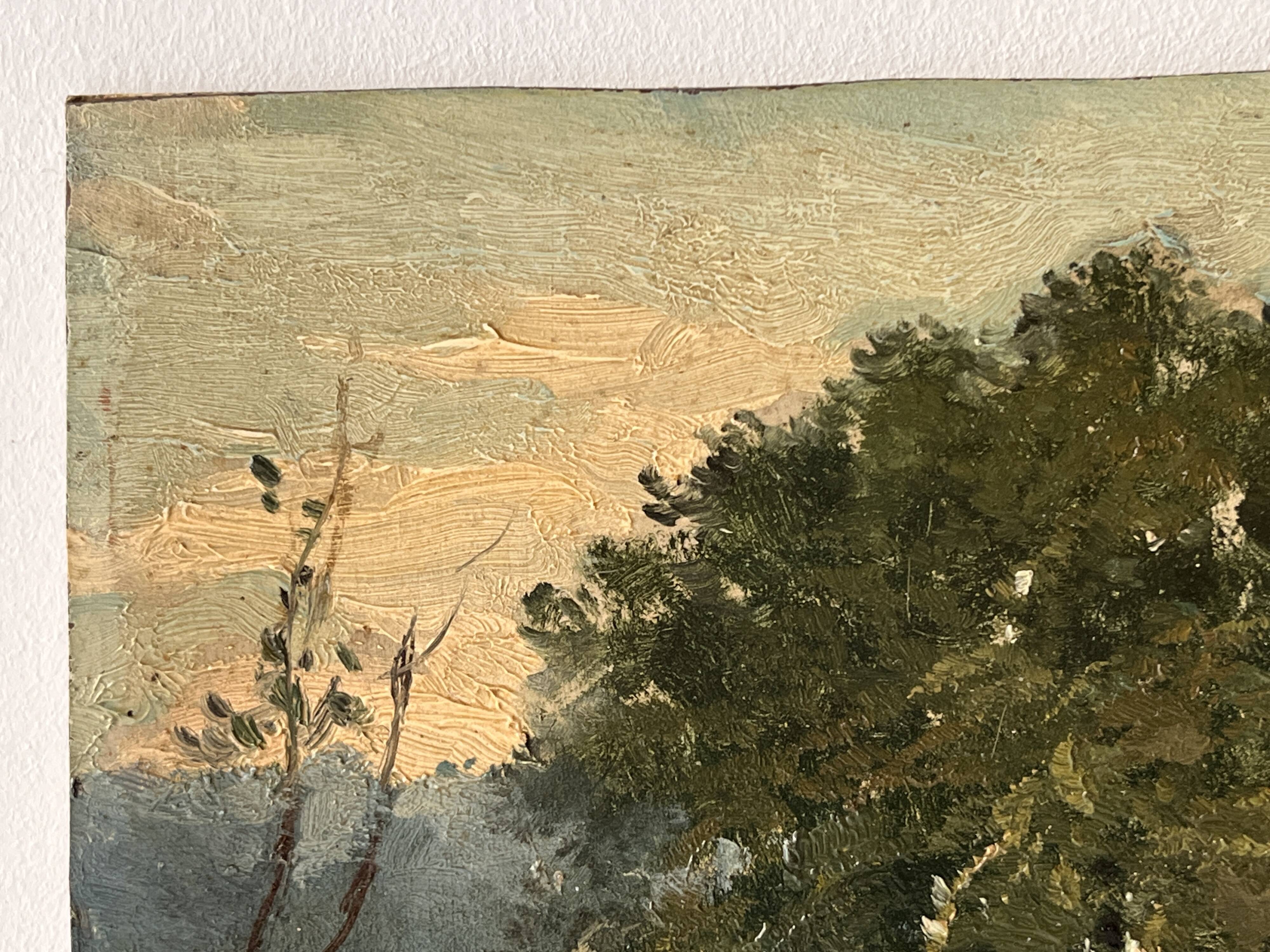 Oil painting of a countryside landscape circa 1920, rural scene signed.