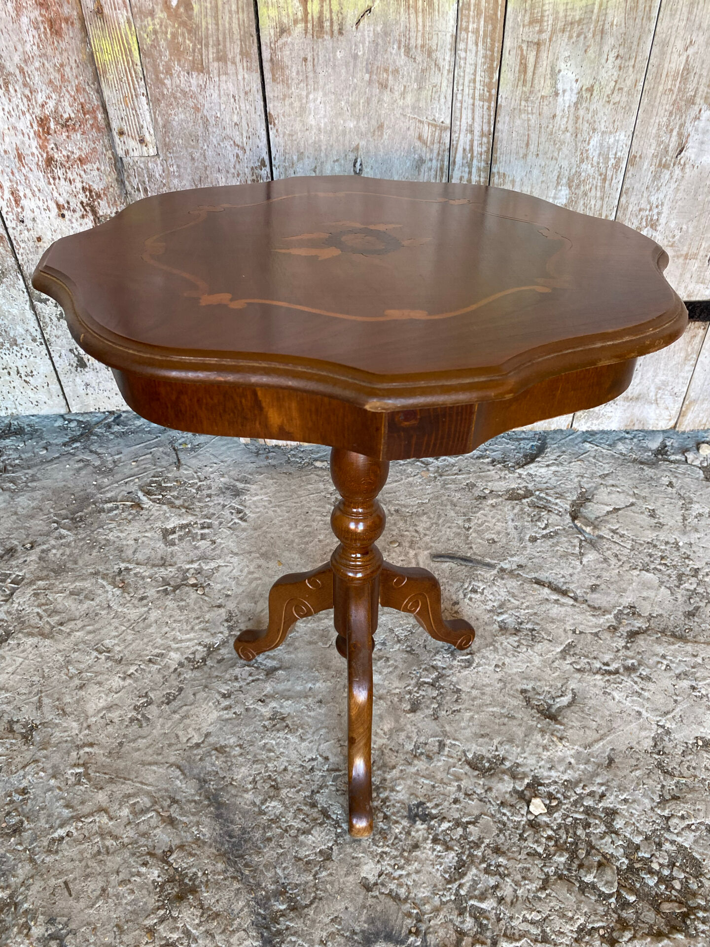 Guéridon Ancien Table Appoint Tripode Bois +  Plateau Marqueterie Vint