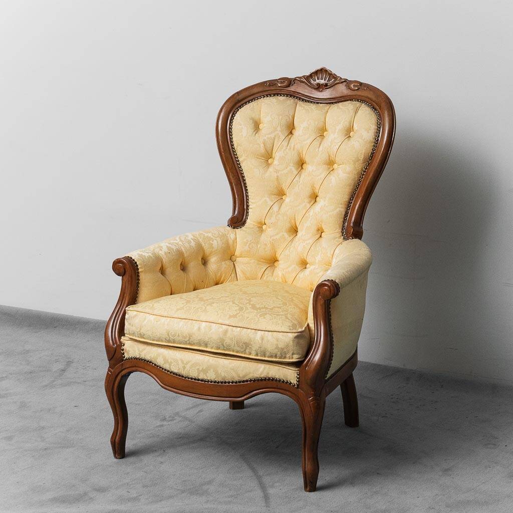 Coppia di poltrone stile luigi filippo legno tessuto giallo xix