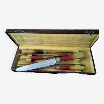 Box of 6 Art Deco "Diamond" table knives Bovine horn and stainless steel