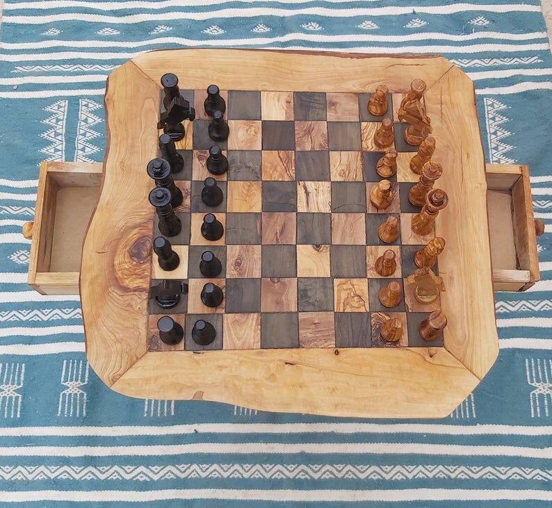 Rustic chess table in olive wood chess game 17.7 "with 32 pieces of craft chess